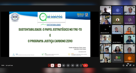 A imagem mostra a tela de uma videoconferência. À esquerda, está sendo compartilhado um slide de...