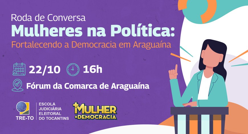 A imagem é um card digital de divulgação, com fundo roxo e detalhes gráficos em laranja e creme,...