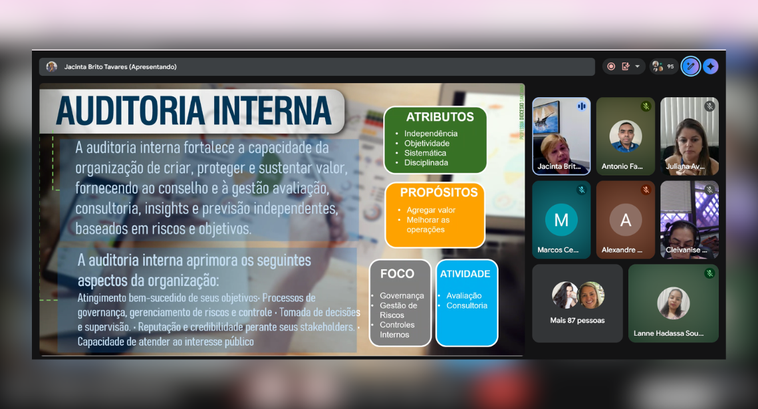 A imagem mostra a tela de uma reunião virtual, na qual uma apresentação está sendo exibida. O sl...