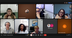 A imagem mostra a tela de uma reunião virtual, organizada em formato de grade com vários partici...