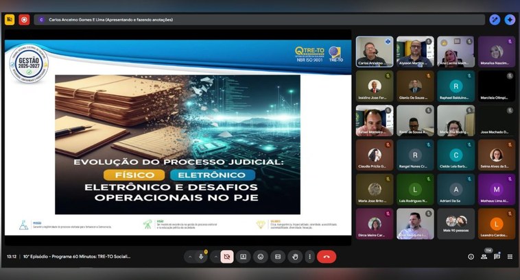 “Programa 60 Minutos: TRE-TO Socializando Conhecimentos” chega ao seu 10º episódio falando sobre a importância do PJe A imagem mostra uma reunião virtual realizada em uma plataforma de videoconferência. À esquerda,...