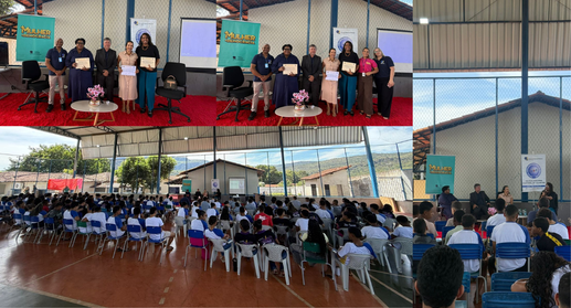 A imagem é uma montagem com quatro fotografias de um evento realizado em uma quadra coberta, vol...