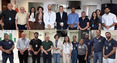 A imagem mostra um grupo de dez pessoas posando para uma foto em um ambiente interno de atendime...