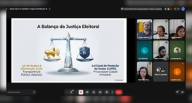 Captura de tela de uma videoconferência no Google Meet exibindo a apresentação de um slide intit...