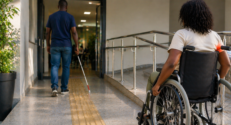 #ParaTodosVerem: Imagem mostra a entrada acessível de um prédio público, com rampa, corrimãos e ...