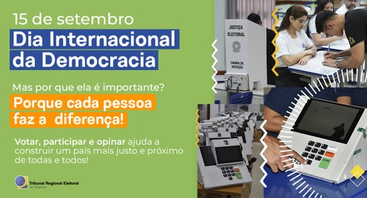 A imagem é um banner institucional do TRE-TO que faz referência ao Dia Internacional da Democrac...