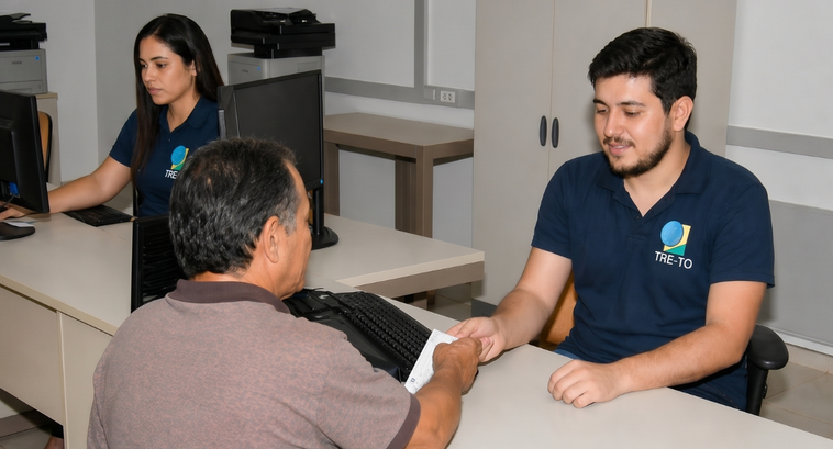 #ParaTodosVerem: Em uma sala de atendimento clara e organizada, em um cartório eleitoral, três p...