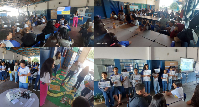 A imagem retrata várias atividades educativas em uma escola, parte do projeto “JE em Movimento” ...