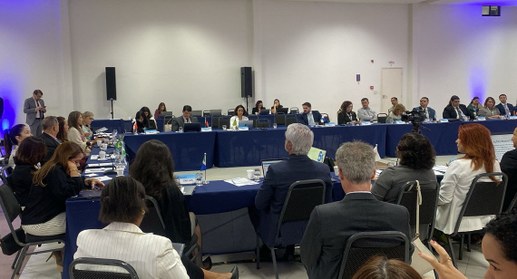 A imagem mostra uma reunião formal com representantes de diferentes Corregedorias, sentados ao r...