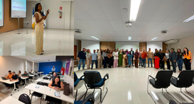 A imagem é uma montagem com três fotografias registradas durante uma capacitação. Na parte super...