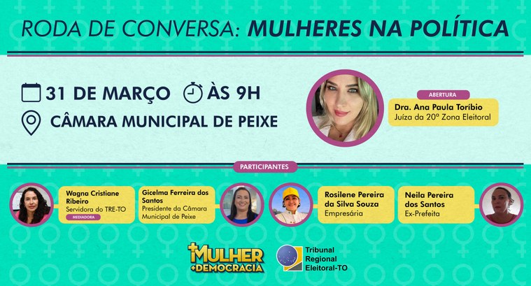 A imagem divulga a “Roda de Conversa: Mulheres na Política”, que será realizada no dia 31 de mar...