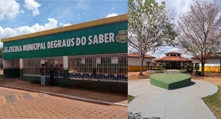 A imagem mostra duas fotos lado a lado de duas escolas. À esquerda, vê-se a fachada da Escola Mu...