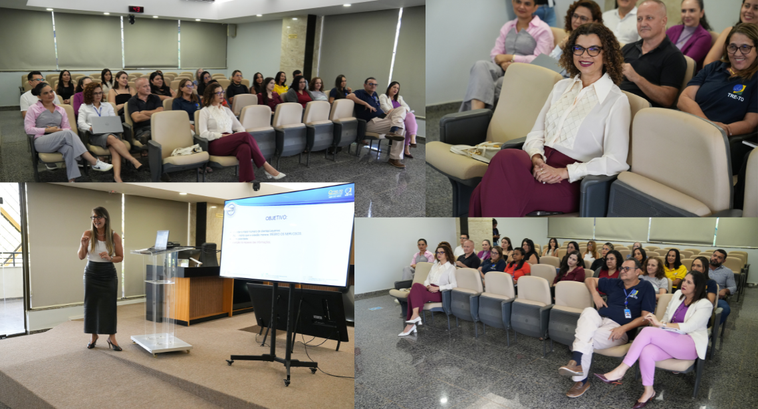 Esta colagem de quatro imagens retrata um evento de capacitação em um auditório. No canto inferi...