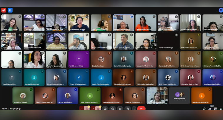 A imagem mostra uma captura de tela de uma videoconferência realizada na plataforma Google Meet,...
