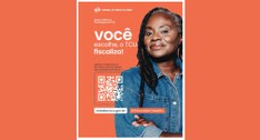 A imagem é um material publicitário institucional do TCU. No lado direito, aparece uma mulher ad...