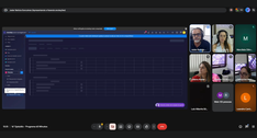 A imagem mostra uma reunião virtual em andamento, com a tela principal compartilhando a interfac...