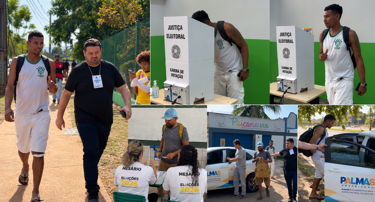Colagem de fotos mostra pessoas atendidas pelo projeto sendo acompanhadas até os locais de votaç...