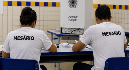 #ParaTodosVerem: Na imagem, duas pessoas identificadas como mesária e mesário aparecem sentadas ...