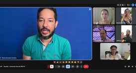 A imagem mostra uma reunião virtual realizada por videochamada, com seis participantes conectado...