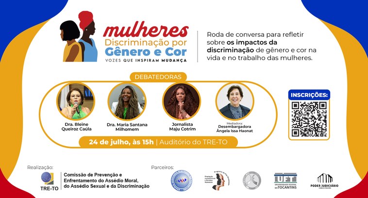 Roda de conversa sobre a discriminação por gênero e cor enfrentada por mulheres é promovida pelo TRE-TO no próximo dia 24 A imagem é um card digital com fundo branco, detalhes em azul e laranja e elementos gráficos que...