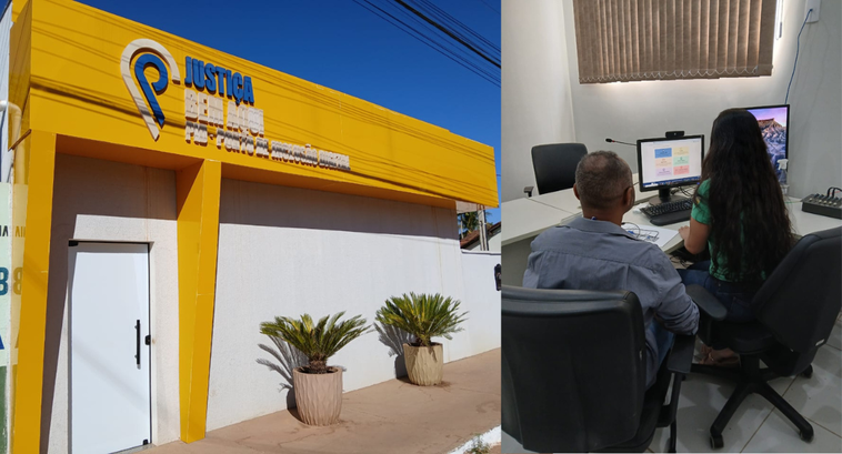 A imagem mostra, à esquerda, a fachada de um prédio da Justiça Eleitoral identificado como Polo ...