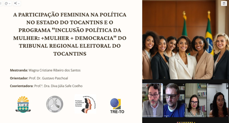 Servidora do TRE-TO defende mestrado sobre a participação feminina na política no Tocantins A imagem mostra um slide de apresentação de mestrado sobre a participação feminina na política d...