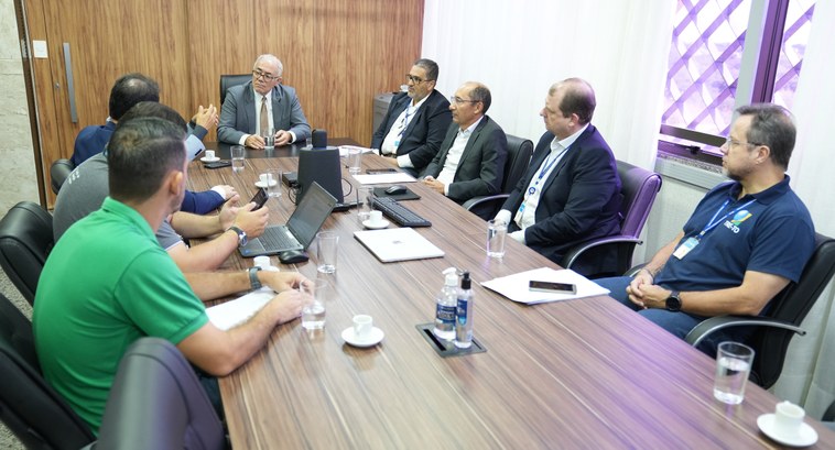 A imagem mostra uma reunião institucional realizada em uma sala de reuniões do TRE-TO. Nove part...