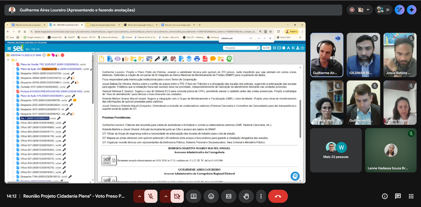 TRE-TO estreita comunicação com órgãos parceiros em reunião do projeto Cidadania Plena A imagem mostra uma reunião virtual no Google Meet, com um dos participantes compartilhando a te...