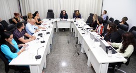 A imagem mostra uma reunião institucional realizada em uma sala ampla e bem iluminada. As mesas ...