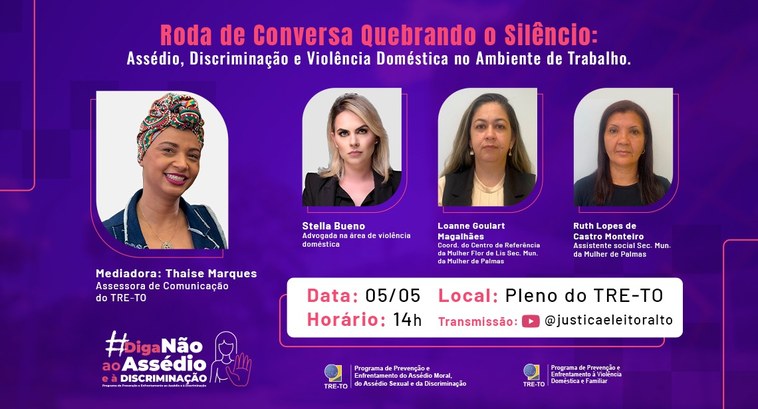 TRE-TO realiza roda de conversa sobre enfrentamento ao assédio, discriminação e violência doméstica TRE-TO realiza roda de conversa sobre enfrentamento ao assédio, discriminação e violência doméstica