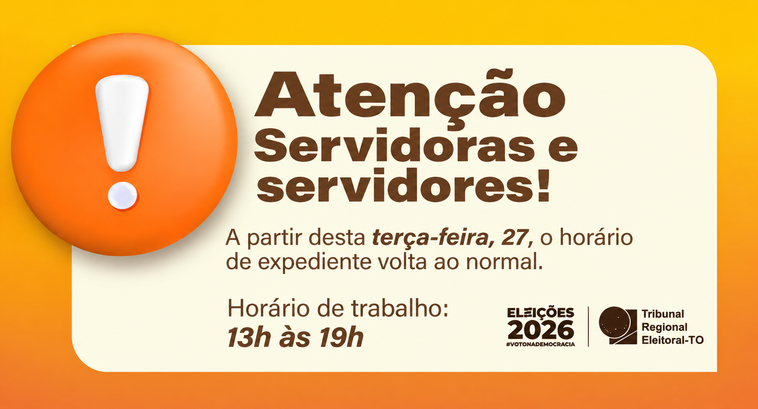 Card institucional do TRE-TO, com fundo amarelo e laranja, apresenta um ícone de exclamação dent...