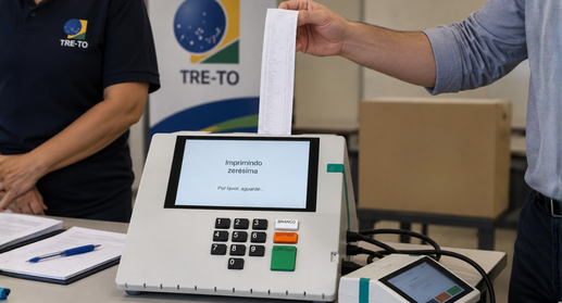 #ParaTodosVerem: Fotografia mostra uma urna eletrônica sobre uma mesa, com a tela indicando a im...