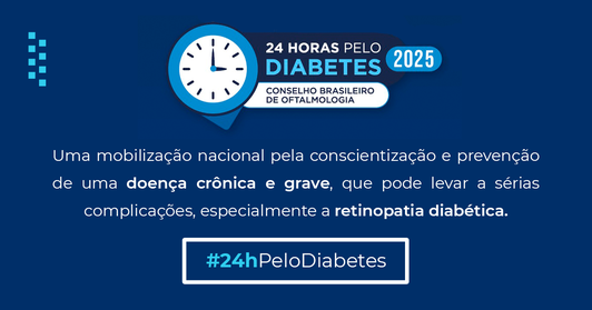 A imagem tem fundo azul escuro e divulga a campanha “24 Horas pelo Diabetes 2025”, promovida pel...