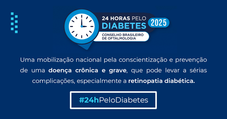A imagem tem fundo azul escuro e divulga a campanha “24 Horas pelo Diabetes 2025”, promovida pel...