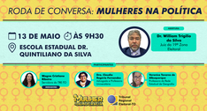 A imagem é um cartaz digital de divulgação de uma roda de conversa com o tema "Mulheres na Polít...
