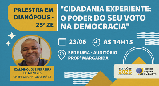 A imagem mostra um cartaz digital de divulgação de uma palestra, com fundo azul e elementos gráf...