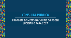 Imagem de um card institucional com fundo azul-escuro e faixas decorativas nas laterais, compost...
