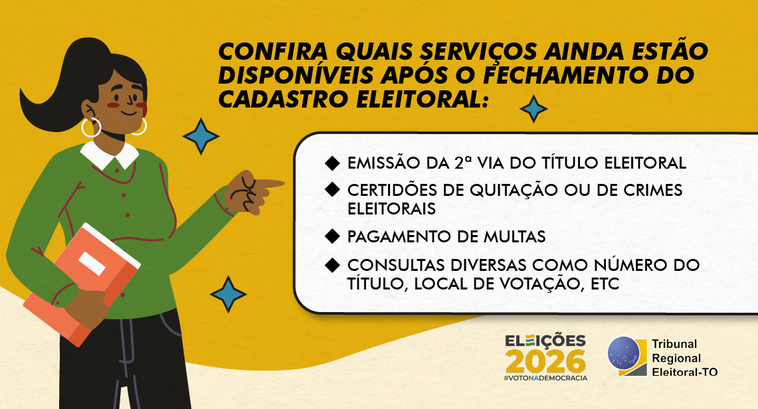 A imagem é um card informativo com fundo em tons de amarelo e bege, produzido pelo TRE-TO. À esq...