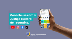 A imagem é uma peça institucional do TRE-TO, com fundo roxo e a mensagem “Conecte-se com a Justi...