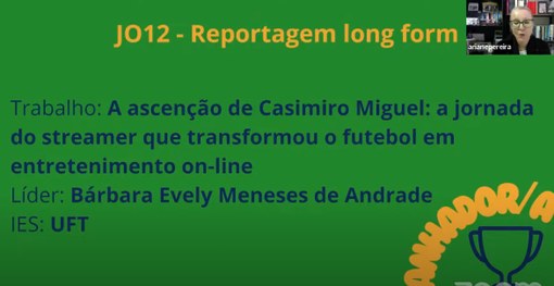 Print da tela do momento em que o nome da reportagem de Bárbara é revelado como o vencedor da ca...