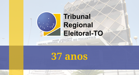 A imagem é um banner institucional comemorativo. Ao fundo, aparece a fachada do prédio do TRE-TO...