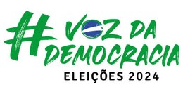 Logomarca das Eleições 2023,  fundo branco com o texto # voz da democracia escrito em verde e El...