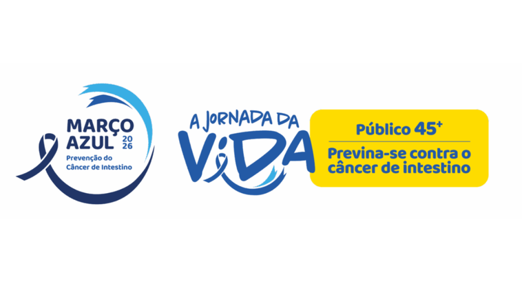 Arte gráfica institucional sobre a campanha Março Azul 2026, voltada à prevenção do câncer de in...