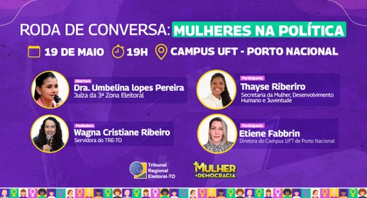 A imagem é um cartaz digital de divulgação de uma roda de conversa com o tema "Mulheres na Polít...