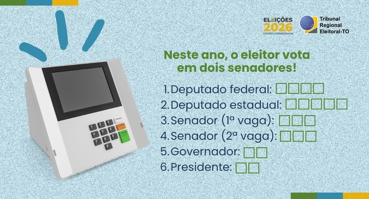 A imagem apresenta um informativo do TRE-TO sobre as Eleições 2026, com fundo azul claro de text...