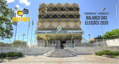 Imagem da fachada do prédio sede do Tribunal Regional Eleitoral do Tocantins, em Palmas. Logo do...