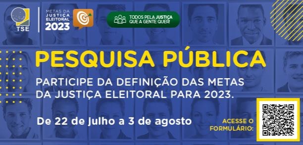 banner colorido com fundo azul e logo do TSE e QR code na lateral, com texto: Pesquisa pública: ...