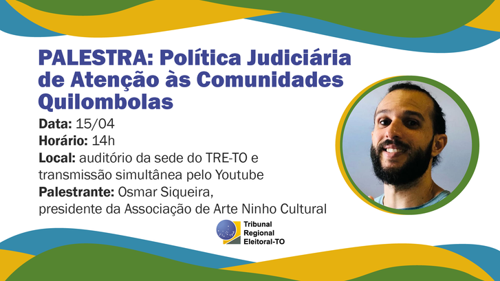 A imagem é um card institucional de divulgação de palestra, com fundo claro e elementos gráficos...