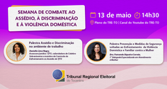 A imagem é um card institucional com fundo em tons de roxo e rosa, com elementos gráficos suaves...